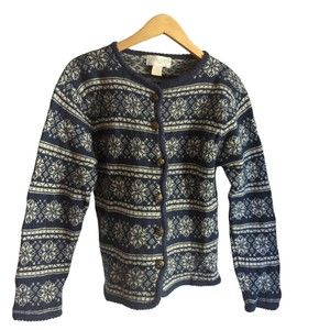 Casual Corner Women's M Blue Tan Snowflake Print Button Up Wool Sweater